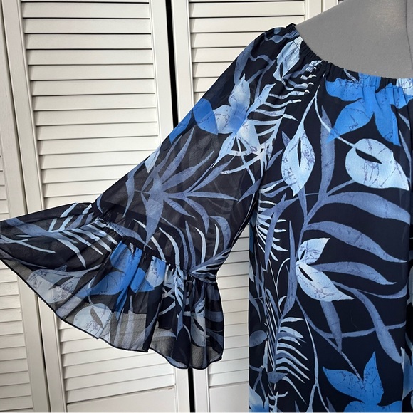 Tropical floral print sheer peasant style dress with flounce sleeve XL - Picture 5 of 9